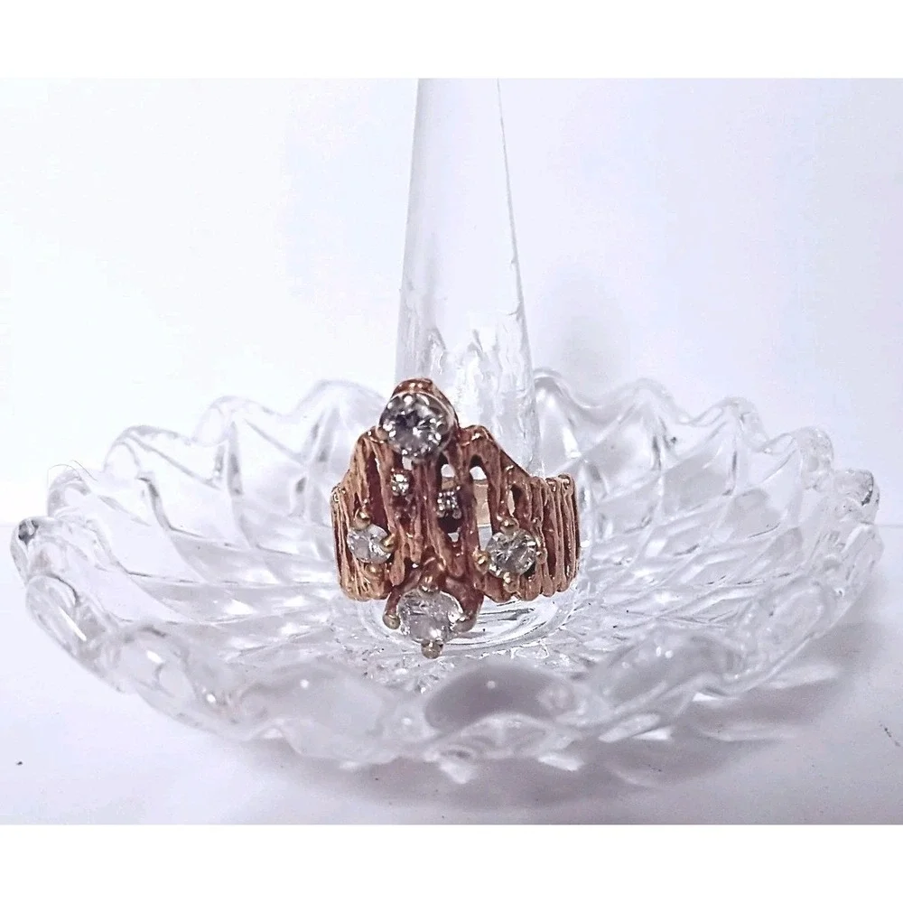Vintage  Custom  Women's  14  Karat  Gold  Textured  Diamond  Statement  Ring